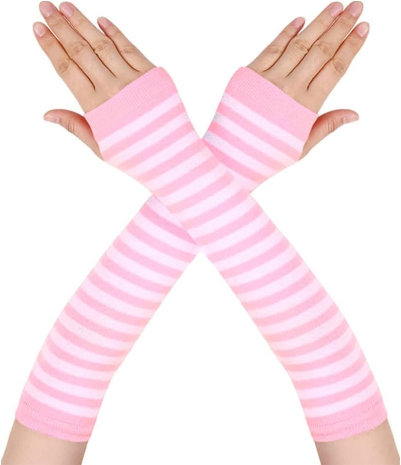 Womens Striped Knee High Socks Stockings Arm Warmer Fingerless Gloves Thumbhole Stretchy Gloves Set (Pink white) - Image 5