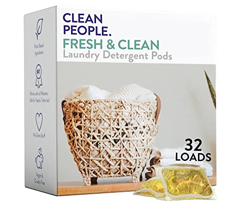 Clean People Laundry Detergent Pods - Plant-Based, Hypoallergenic Laundry Pods - Ultra Concentrated, Plastic Free, Recyclable Packaging, Stain Fighting - Fresh Scent, 32 Pack