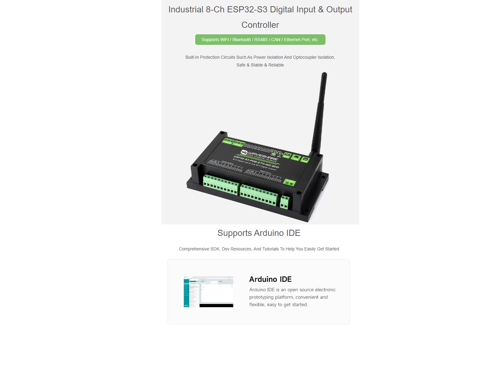 Waveshare Industrial ESP32-S3 8-Channel Control Board Digital Input/Output Controller Supports WiFi/Bluetooth / RS485 / Can/Ethernet Port