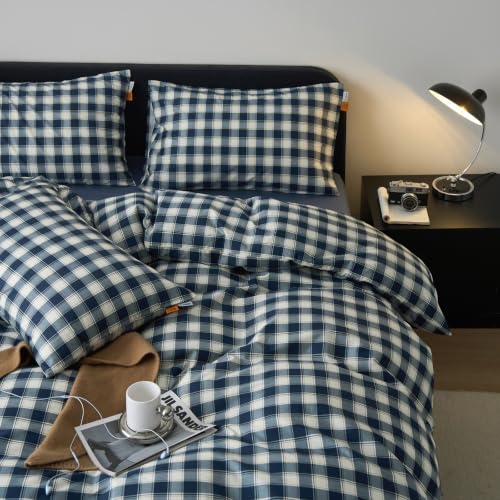 Image of EAVD Vintage Buffalo Plaid Duvet Cover Set Queen 3-Piece Navy Blue&White