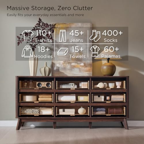 Image of T4TREAM 63 inch Wide Fluted 9 Drawer Dresser for Bedroom, Dark Walnut