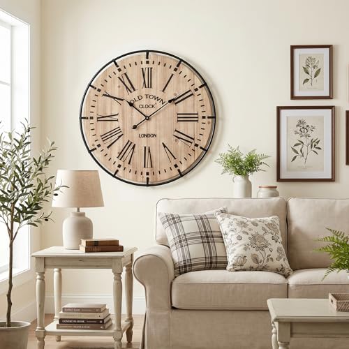 Image of EMAX HOME 30 Inch Rustic Wall Clock, Warm Light Oak Wood Look with Black Iron Frame, Silent Sweep Movement, Clear Roman Numerals and Tick Marks, for Fireplace Mantel, Hallway, or Dining Room.