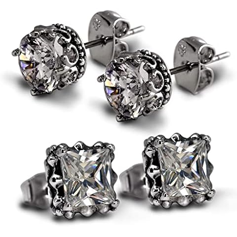 2 Pairs Black Stainless Steel Cubic Zircon Stud Earrings Cover