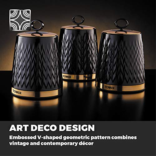 Tower T826091BLK Empire Set of 3 Storage Canisters for Tea Coffee Sugar, 1.3L, Black and Brass - Image 4