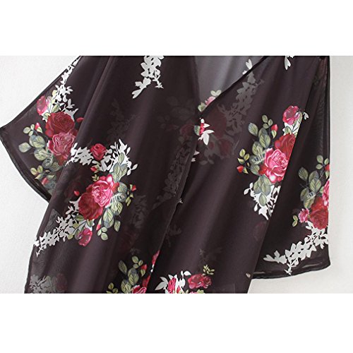 Tootu Women Chiffon Loose Shawl Print Kimono Cardigan Top Cover Up Blouse Beachwear (S, Black)