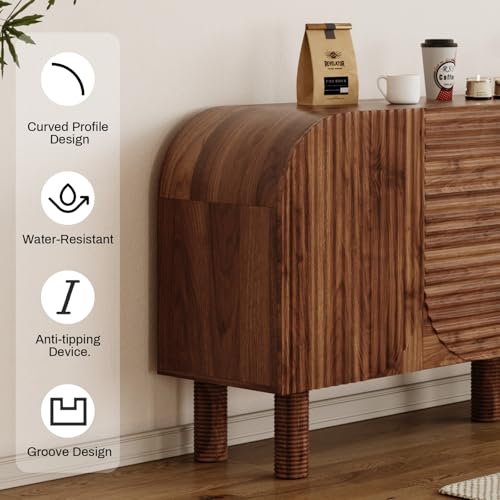 Image of 71 inch Curved Sideboard Cabinet with Storage, 4-Door Buffet Credenza, Walnut | Large wood credenza features four textured arched doors, roomy storage, and anti-tip hardware for dining rooms and entryways