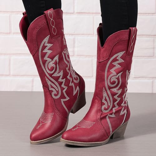 Image of SelRoys Cowboy Boots for Women Cowgirl Mid Calf Western Pointy Toe Boots Embroidered Stitched Chunky Heel Red Brown US5-11