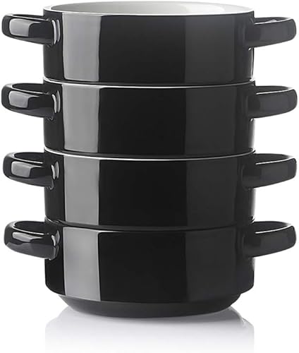 SWEEJAR - Cuenco de cerámica con asas dobles, 20 onzas apiladas para sopa de cebolla francesa, cereales, guiso, frío, pasta, juego de 4