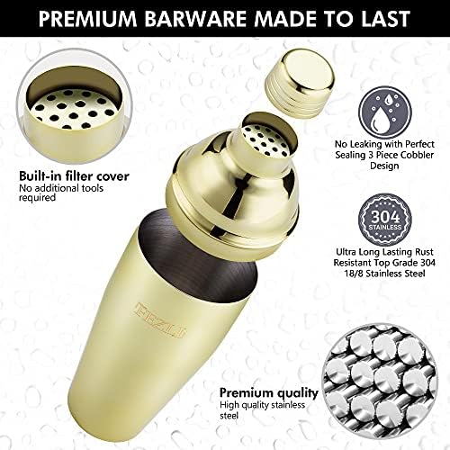 Fezli 5 PCS Cocktail Making Set 700ml Stainless Steel Cocktail Shaker Set with Strainer, Jigger and Mixing Spoon, Bartending Set with Bar Accessories & Cocktail Accessories for Drinks (Gold)