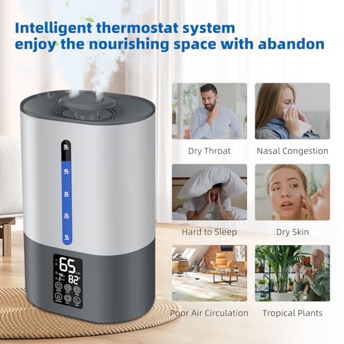 5L Humidifiers for Bedroom and Plants, Ultrasonic Cool Mist Humidifier for Baby home Mist Top Fill Desk Humidifier Essential Oil Diffuser, Quiet Humidifiers with Adjustable Mist,360°Nozzle-Gray