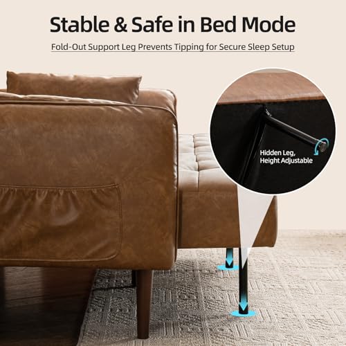Image of HALLYBEE 85 inch Futon Sofa Bed, Sleeper Sofa, Small Couch with Storage Adjustable Armrests Pillows, Faux Leather Loveseat, Mid Century Modern Couches for Living Room, Bedroom, Apartment, Brown