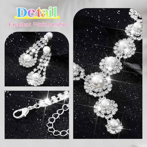 Nicute Pearl Jewelry Set Sparkly Rhinestone Necklace Earrings Sets Prom Costume Bridal Jewelry Set for Women4