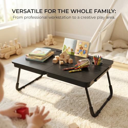 BUYIFY 23.4 Foldable Lap Desk Bed Table with Cup Holder Tray Black