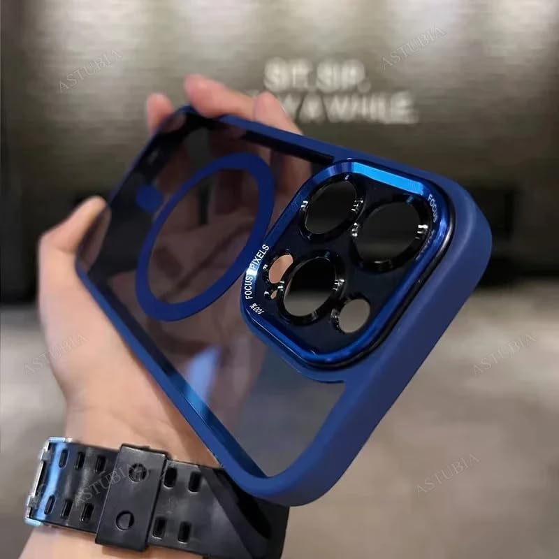 LuxuryKase Magnetic Clear Shockproof Case for iPhone 14 Pro | Mag-Safe Compatible | Transparent Hard Back Cover with Full Camera Protection | Anti-Yellowing - Blue