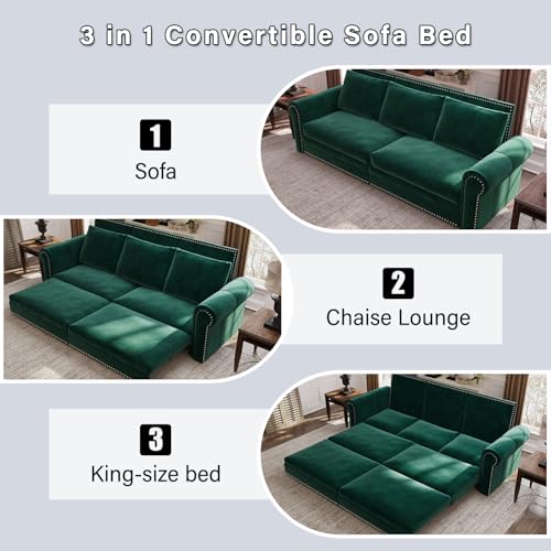 Image of Eafurn 93.7 inch King Size Pull Out Sofa Bed, 3-in-1 Convertible Sleeper Sofa Couch Bed with Nailhead Decor and Rolled Arms, Velvet Oversized Chesterfield Loveseat Chaise Lounge
