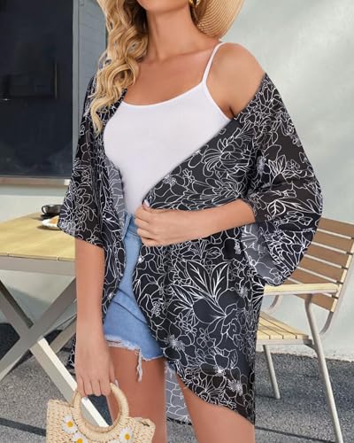 Women's Floral Print Puff Sleeve Kimono Cardigan Loose Cover Up Casual Blouse Tops4