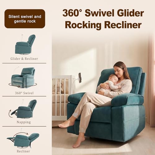 Image of 360 Swivel Glider Rocking Chair Nursery， Oversized Recliner with Phone Holder，Nursing Chairs for Breastfeeding with Wide Foot Rest for Living Room and Baby Room,Blue