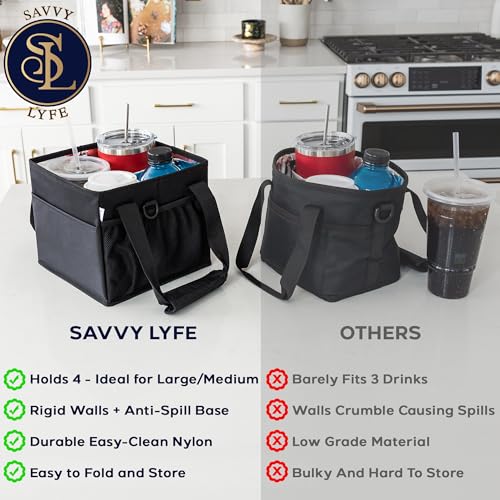 Savvy Lyfe Reusable Drink Carrier with Handle – Tip-Resistant 4 Cup Carrier with Shoulder Strap for Delivery – Insulated, Foldable, Adjustable Dividers – Portable Caddy Tote Bag, Drink Holder for Car - view 1