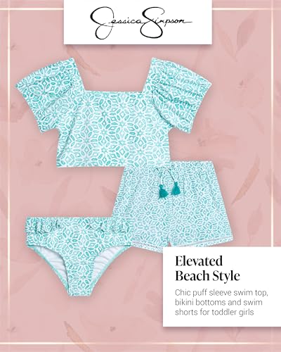 Image of Jessica Simpson Girls Swimsuit Set - 3 Piece Little Girls Bathing Suit with Matching Swim Top, Bikini Bottoms & Swim Shorts