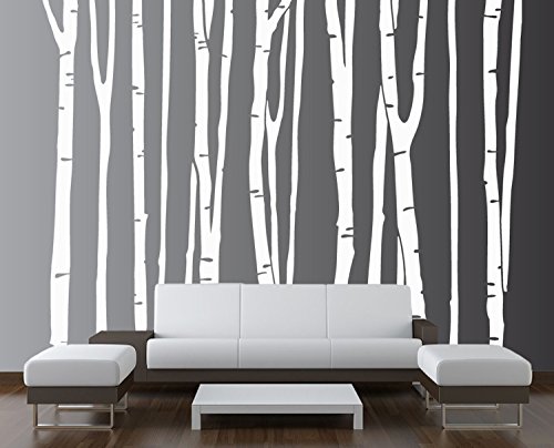 Large Wall Birch Tree Decal Forest Kids Vinyl Sticker Removable (9 Trees) (108 (9ft) Tall, Matte White)