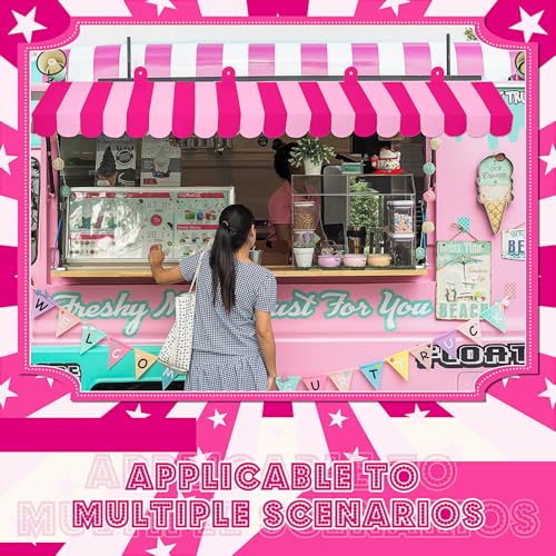 Image of Boao 4 Pcs 3D Cardboard Awning Decor,Rose Pink and Pink,Striped Style | Paper Awning, Circus Carnival Theme, For Bulletin Board, Lemonade Stand, Bakery & Ice Cream Truck, Wall Window Backdrop