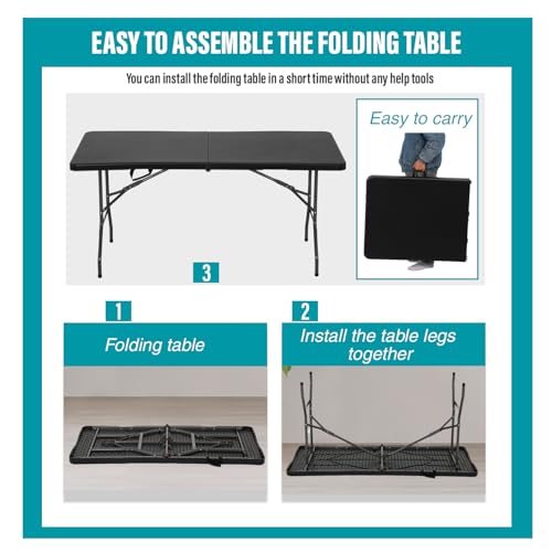 Image of FDW Folding Table Half Portable Foldable Table for Parties Backyard Events (Black Ratten, 6 FT)