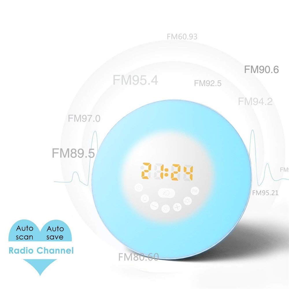 Sunrise budzik z lampką Wake Up Light, 7 dźwięków natury, cyfrowy zegar sterowany dotykiem, budzik emituje słabe światło, aby pomóc w zasypianiu