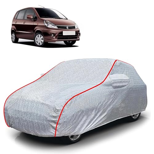Image of Sulfar 100% Waterproof Car Body Cover Compatible with Mirror for Maruti Suzuki Zen Estilo (Triple Stitched, Full Bottom Elastic, Magic Silver with Red Piping)