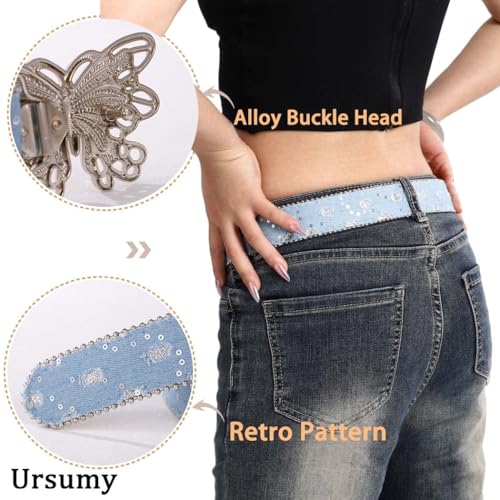 Image of Ursumy Women Denim Waist Belt Blue Jean Belt Butterfly Waist Belt Y2K Belt for Jeans Pants Ladies Cowgirls Cowboys Belt