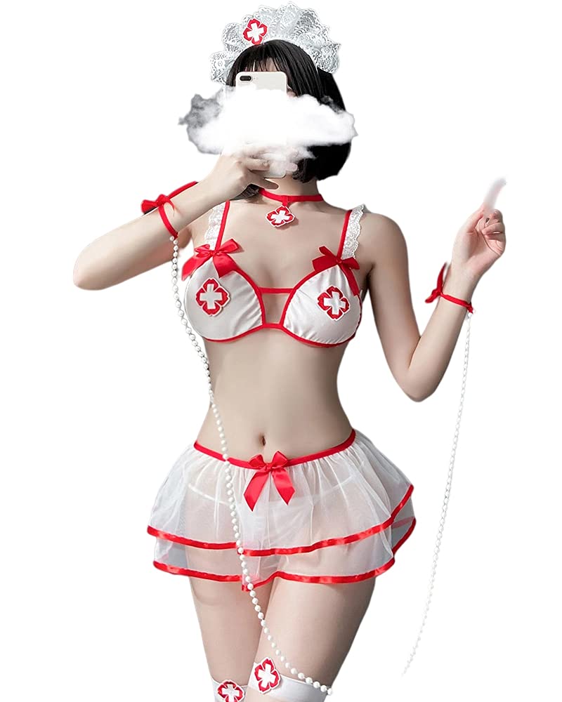 SINROYEE Conjunto de disfraz sexy de enfermera para mujer, babydoll, dormitorio, luna de miel, cosplay, uniforme de enfermera, lencería (#7901)