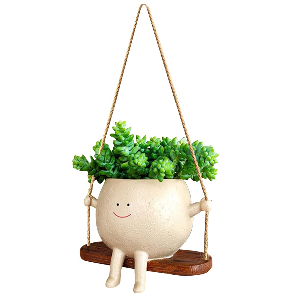 Paquete de 2 macetas colgantes de cara oscilante para interiores y exteriores, maceta de resina con cara sonriente para cadena de perlas, plantas suculentas, macetas de pared, macetas