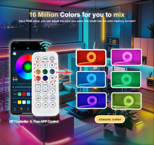 Image of RGBW COB LED Strip Light Kit,16.5ft Color Changing Multicolor Neutral White, Cuttable Adhesive Lights Strip ETL Listed for Bedroom Party Decoration with Remote & APP Control (AC /DC Adapter Included)