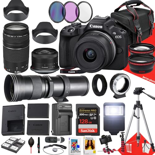 Canon EOS R50 Mirrorless Camera with 18-45mm, 75-300mm and 420-800mm Lens + 128 GB Memory + Hood + Monopod + Filters + Tripod + More (33pc Bundle) (Renewed), Black