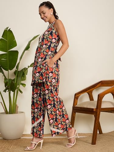 Image of Women's Floral Printed Kurti and Palazzo Set | Sleeveless Ethnic Co-Ord Set