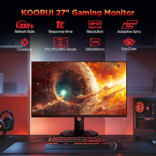 Image of KOORUI Monitor, 27 inch Mini-LED IPS Panel 200Hz Gaming Monitor,1440P PiP /PBP Computer Screen, 1ms HDR 1000 Display, 97% DCI-P3, Height Adjustable, HDMI /DisplayPort, S2721PM