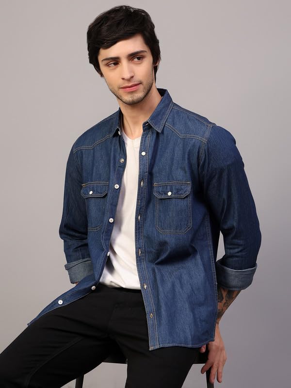 Image of Men's Denim Shirt with Regular Fit Solid Pattern Long Sleeve Collared Neck and Button Down Closure|Men Denim Shirt