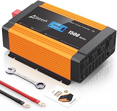 Ampeak 1500W Power Inverter 6.2A Dual USB Ports 3AC Outlets Inverter DC 12V to AC 110V Cigarette Lighter Port 17 Protections for Outdoor Activities, Emergency, RV