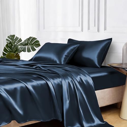 Image of MR&HM Satin Bed Sheets with Elastic Corner Straps, King Size Sheets Set, 4 Pcs Silky Bedding Set with 15 Inches Deep Pocket for Mattress (King, Mood Indigo)