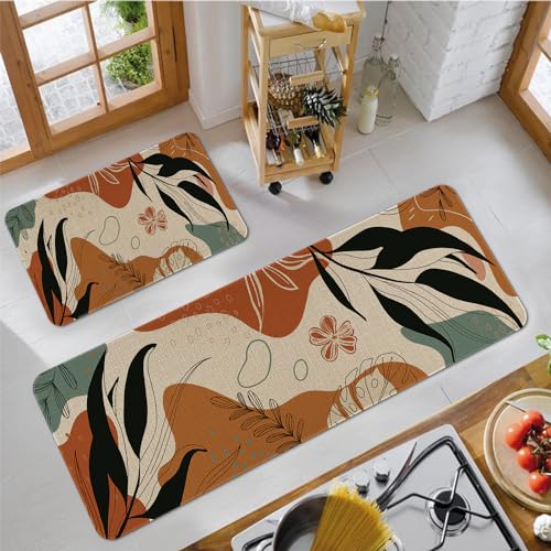 Eikunn Boho Mid Century Modern Kitchen Rugs And Mats Set Of 2,Farmhouse Style Abstract Tropical Leaf Kitchen Mat For Floor,Non-Slip Washable Kitchen Sink Mats Decor Doormat+Runner Rug thumb #2