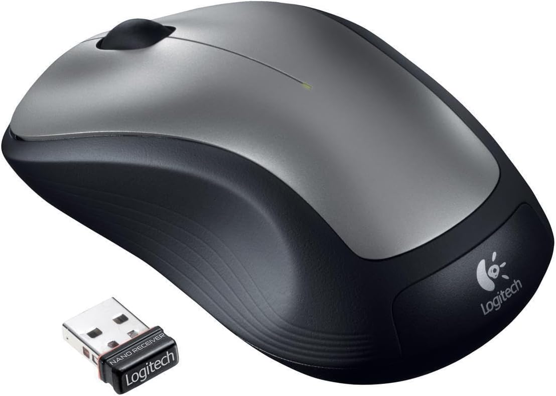 Logitech M310 Wireless Mouse in silver-dark gray color with its nano receiver.