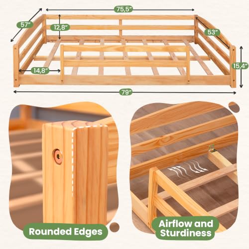 Image of Full Size Floor Bed for Kids with Rails & Wood Slatted Frame