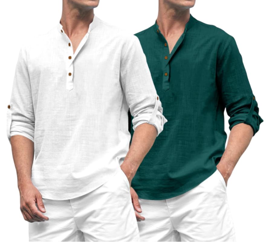 Image of ROYALSCOUT Combo of Men's Solid Cotton Blend Full Sleeve Straight Kurta Shirt (Pack of 2)