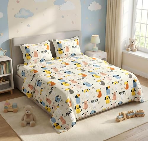 Image of RD FABS Glace Cotton Wrinkle Free Soft Hypoallergenic Double Bed King Size Bedsheet with 2 Pillow Covers, Cartoon Printed Dog Design for Kids Room Boys Girls, 90x95 Inches, Beige, 144 TC