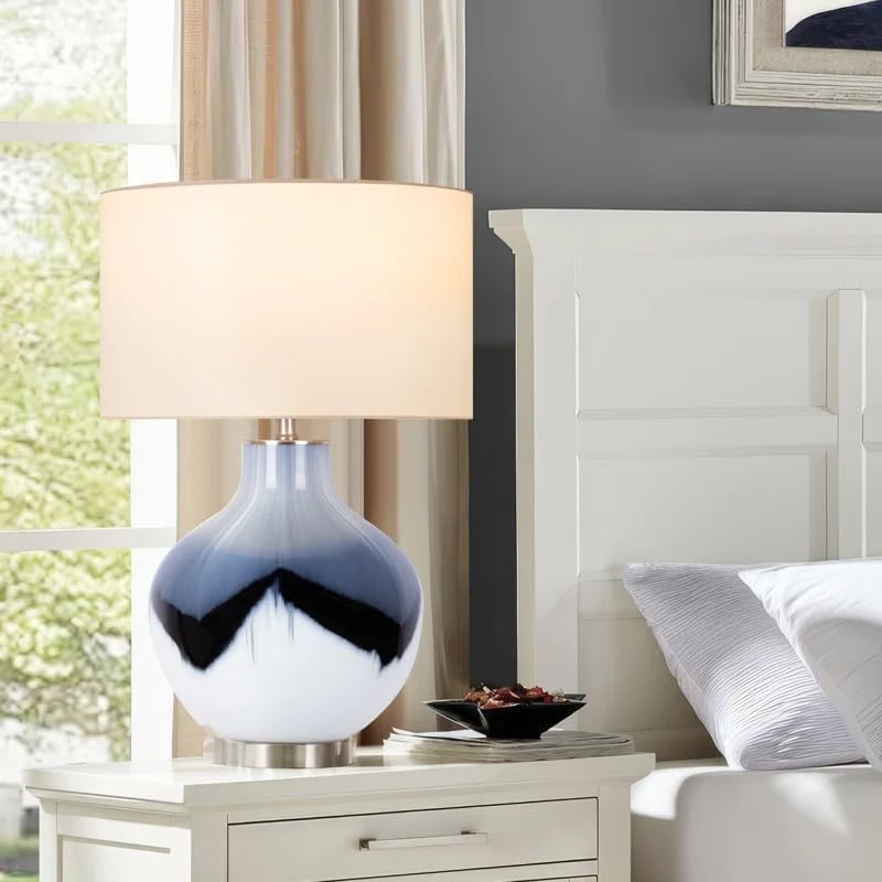 QiMH Glass Table Lamp for Living Room, Chinoiserie Bedside Traditionl Lamp for Bedroom, Blue & White Nightstand Lamp for Home Office Bookcase (LED Bulb Included)
