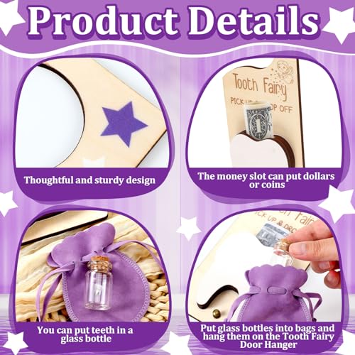 Image of DoubleFill Fairy Tooth Gift Holder Bag Door Hanger Lost Teeth Keepsake Box Tooth Fairy Kit Stores Back to School Gift for Lost Teeth Boy Girl Primary School Classroom Gifts(Classic,Purple)