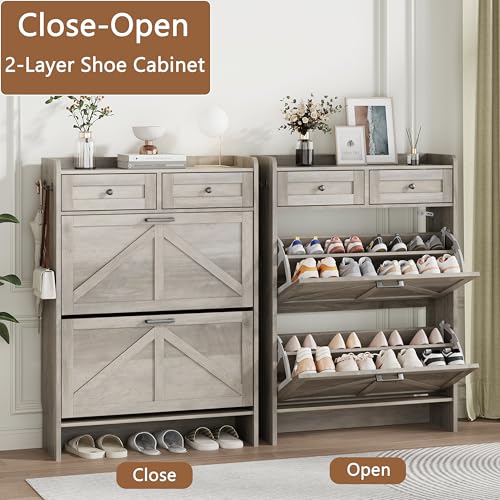 Image of Shoe Cabinet with 2 Flip Drawers & 2 Top Drawers, 43 inch Tall Freestanding Narrow Wooden Shoe Storage Organizer for Entryway, Hidden Slim Shoe Rack for Front Door Entrance, Hallway, Living Room, Grey
