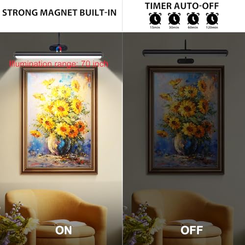 Image of Set of 2 Picture Lights with Timer Dimmer, Painting Light with Remote Rechargeable Battery ,Wall Art 3 Lighting Colors Temps,16inch Full Metal Over Picture Painting Frame Dartboard Gallery Hallway