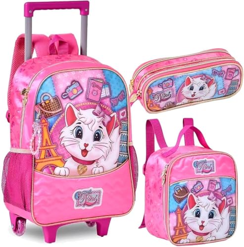 Conjunto Escolar Mochila Rodinha Gatinha Meninas Estojo e Lancheira