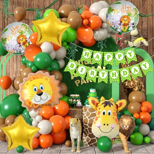 Image of Safari Jungle Theme Birthday Decoration Kit with Animal Foil Balloon, Happy Birthday Decoration Kit for Kids Animal Theme Bday Decor Pack of 59