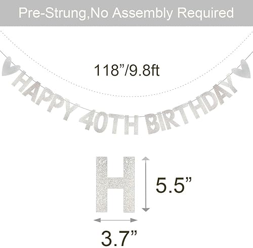 Miniatura 2 de Cartel de feliz cumpleaños 40, pre-encordado, papel plateado con purpurina, decoraciones de fiesta para 40 años, suministros de fiesta de cumpleaños